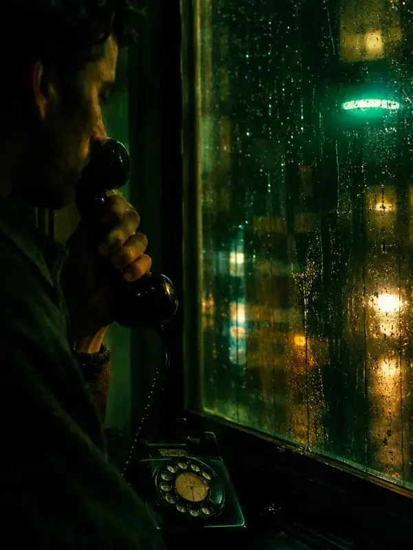黄果剧场悬疑短剧《午夜来电》封面，雨夜窗边手持老电话的男子