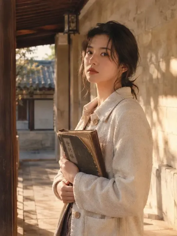 黄果剧场权谋短剧《侯门权记》封面，老宅回廊里翻账册的女子