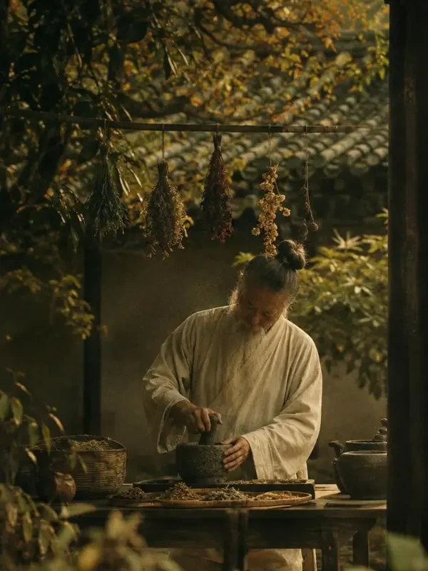 黄果剧场武侠短剧《侠隐》封面，院中研磨药材的老郎中