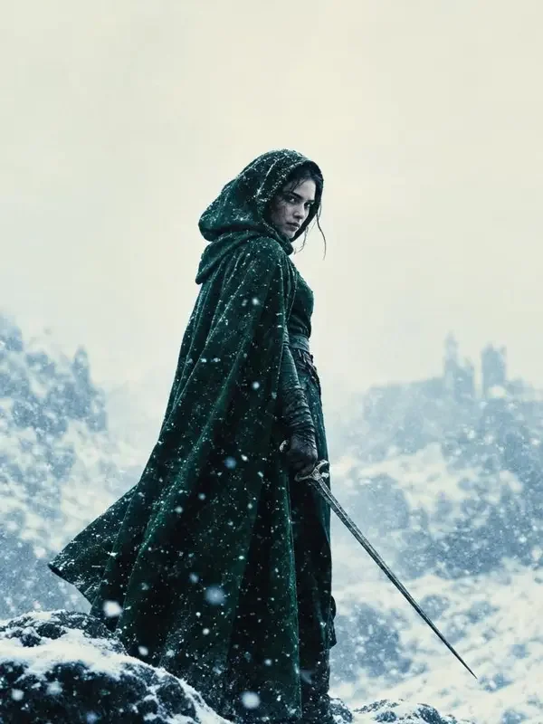 黄果剧场武侠短剧《一剑霜寒》封面，落雪中持剑的墨绿斗篷女子