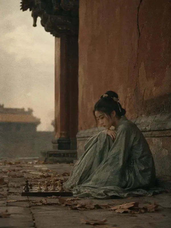 黄果剧场权谋短剧《冷宫棋手》封面，斑驳宫墙下独坐的执棋女子