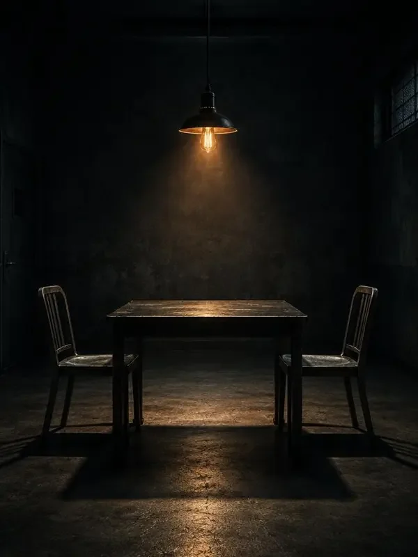 黄果剧场悬疑短剧《谁在说谎》封面，审讯室里围坐的五道剪影