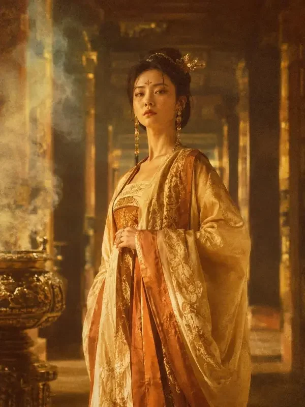 黄果剧场权谋短剧《金枝》封面，朱门前金绣宫装的女子