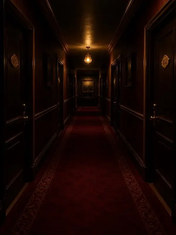 黄果剧场悬疑短剧《第七个房间》封面，昏黄灯光下的旅馆长廊