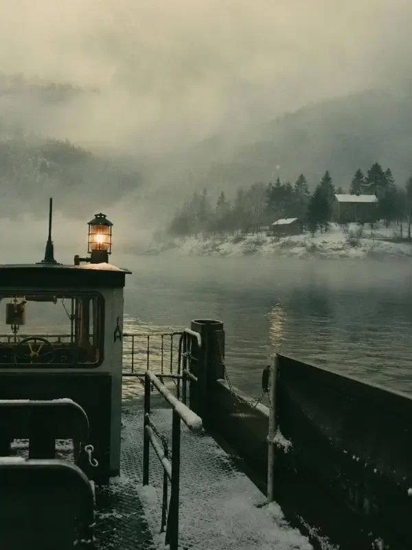 黄果剧场武侠短剧《风陵渡》封面，雪夜江面上的一点渡船灯火