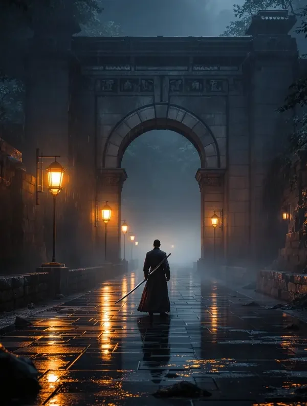 黄果剧场武侠短剧《江湖夜雨十年灯》封面，雨夜竹林灯笼下的剑客