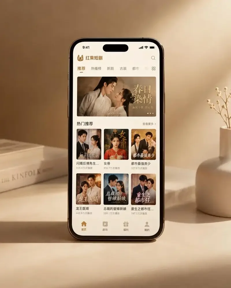 黄果剧场移动端 APP 界面预览，米黄与墨绿配色的短剧目录